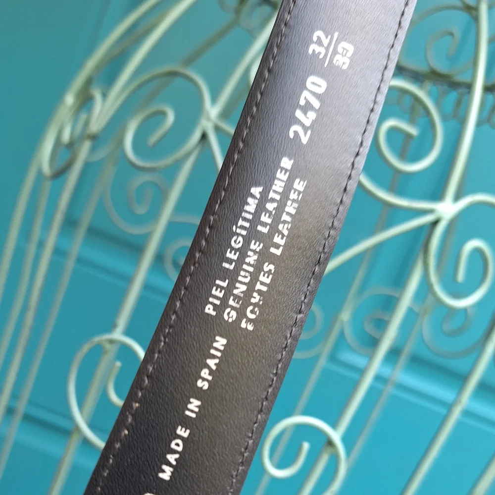 Genuine Leather Belt Vintage Womens Made in Spain Thin Black Plain Round Buckle